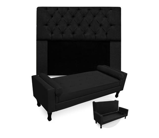 Imagem de Combo Cabeceira Mirage + Recamier Baú Fenix King 195 cm Corano Preto - DL DECOR