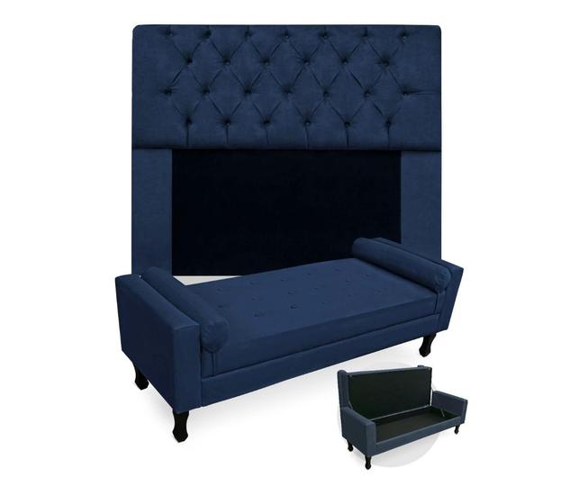 Imagem de Combo Cabeceira Mirage + Recamier Baú Fenix King 195 cm Suede Azul Marinho - LM DECOR