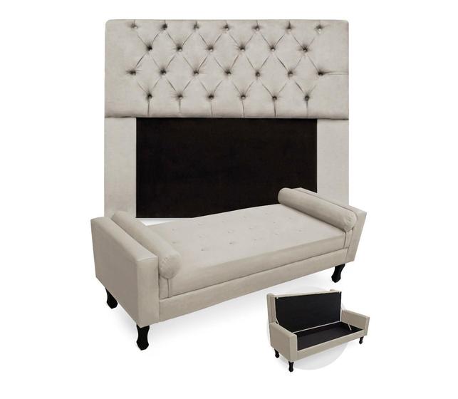 Imagem de Combo Cabeceira Mirage + Recamier Baú Fenix Solteiro 90 cm Suede Bege - LM DECOR