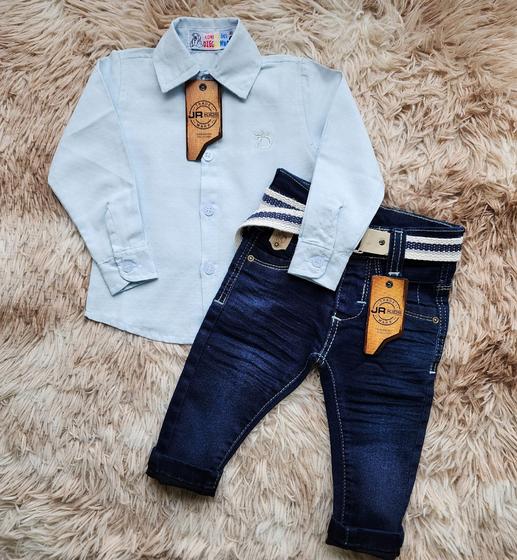 Imagem de Combo camisa jeans bebe + calça jogger jeans com elastico Tam 0/12 meses