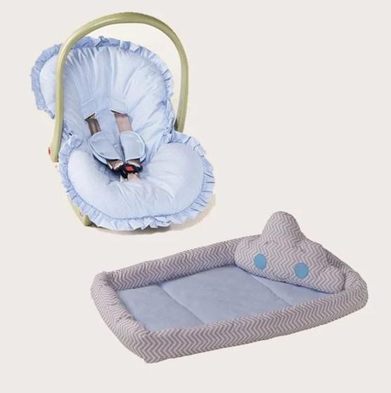 Imagem de Combo Capa para Bebê Conforto Poá Azul + Colchonete com Almofadinha Nuvem para Bebê 04 Peças