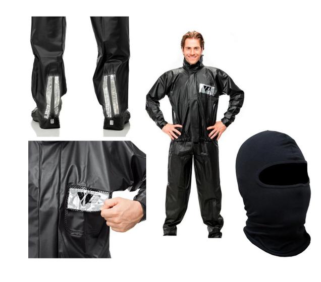 Imagem de Combo Capa Roupa Chuva + Capuz Touca Ninja Vestimenta Vestuário Jaqueta Calça Pantaneiro Pvc Preta Moto Motoqueiro