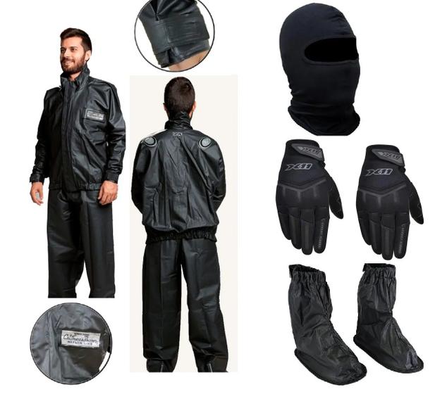 Imagem de Combo Capa Roupa Chuva Vestimenta Jaqueta Calça Cr Califórnia Pvc Moto Motoqueiro + Polaina + Capuz + Luva Fit Touch Screen X11