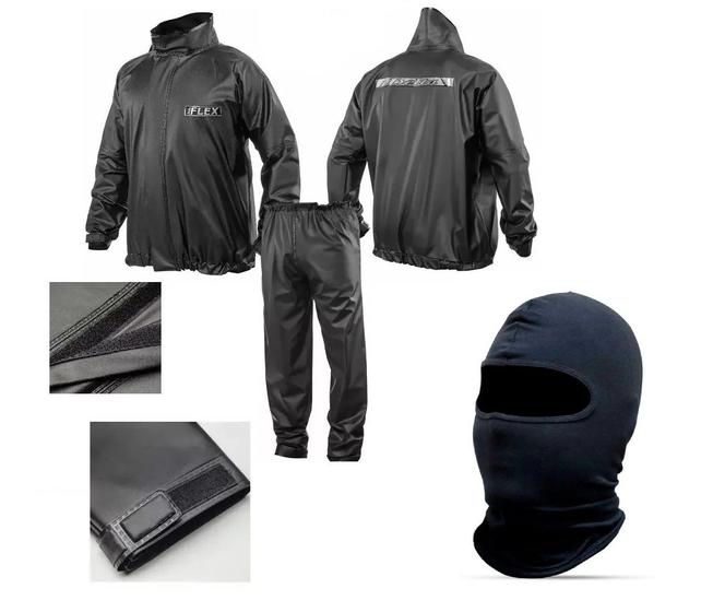 Imagem de Combo Capa Roupa Chuva Vestimenta Vestuário Jaqueta Calça Delta Flex Pvc Preta Moto Motoqueiro + Capuz Ninja Balaclava