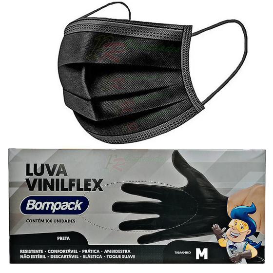 Imagem de Combo Cirurgico Mascara Descartável Preta+luva Vinil Preta M