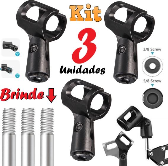 Imagem de Combo com 3 Unidades de Suporte Apoio Para Microfone Cachimbo Móvel Pedestal Tripé Rosca 3/8 5/8 Serve Vários Modelos