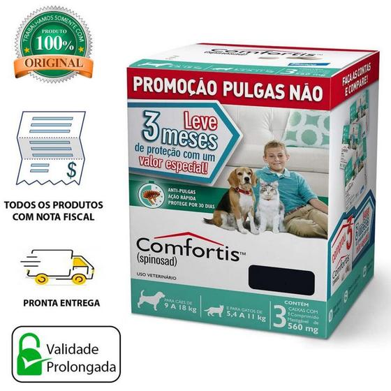 Combo Comfortis para Cães 9 a 18 Kg e Gatos 5,5 a 11 Kg - 560 mg - Antipulgas (Combo) - Elanco C/ 3 Unidades Menor preço em Combo Comfortis para Cães 9 a 18 Kg e Gatos 5,5 a 11 Kg - 560 mg - Antipulgas (Combo) - Elanco C/ 3 Unidades