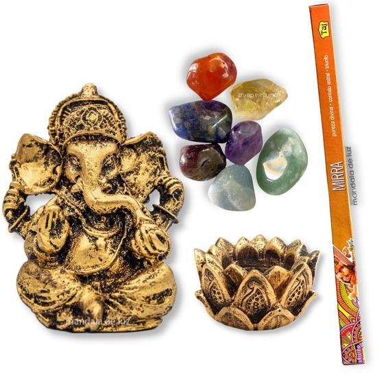 Imagem de Combo de Estátua de Ganesha + Castiçal + 7 Pedras Chakras + Incenso de Mirra  - D