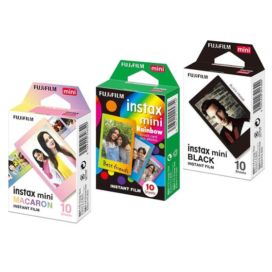 Imagem de Combo de Filmes Fujifilm Instax Mini, Rainbow 10 Fotos + Macaron 10 Fotos + Black 10 Fotos
