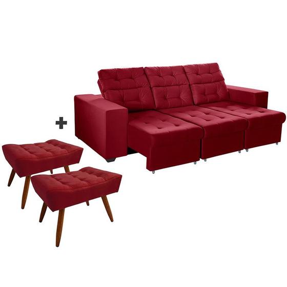 Imagem de Combo de Sofá 4 Lugares Itália Plus 2,25m Retrátil Reclinável com 2 Puffs Pés Palito Suede Vermelho -Sofá na Web