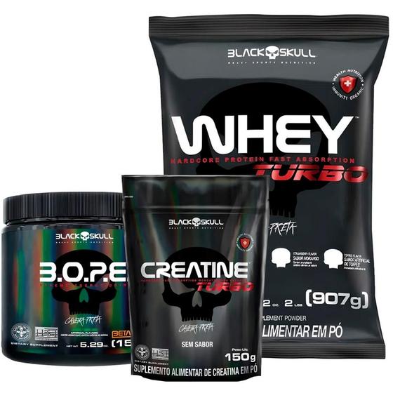 Combo de Suplementos Whey Protein Turbo 907g + Pré Treino B.O.P.E. + Creatina Turbo - Black Skull Menor preço em Combo de Suplementos Whey Protein Turbo 907g + Pré Treino B.O.P.E. + Creatina Turbo - Black Skull