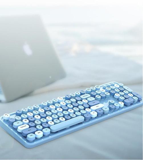 Imagem de Combo de teclado e mouse sem fio, teclado sem fio bonito, 2,4ghz retro full size com almofada numélia (azul)