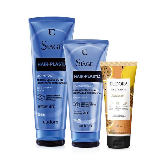 Imagem de Combo Eudora: Shampoo Hair-Plastia 250ml + Condicionador Hair-Plastia 200ml + Creme Relaxante Corporal Instance Maracujá 180ml