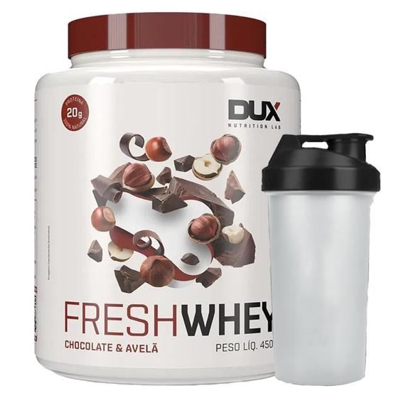 Imagem de Combo Fresh Whey Conc. Isolado Hidrolisado Chocolate belga e Avela 450g + Coqueteleira Dux Nutrition