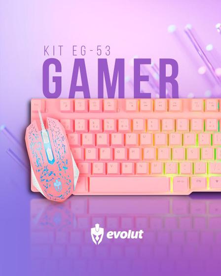 Imagem de combo gamer rosa EG53 teclado + mouse + fone evolut