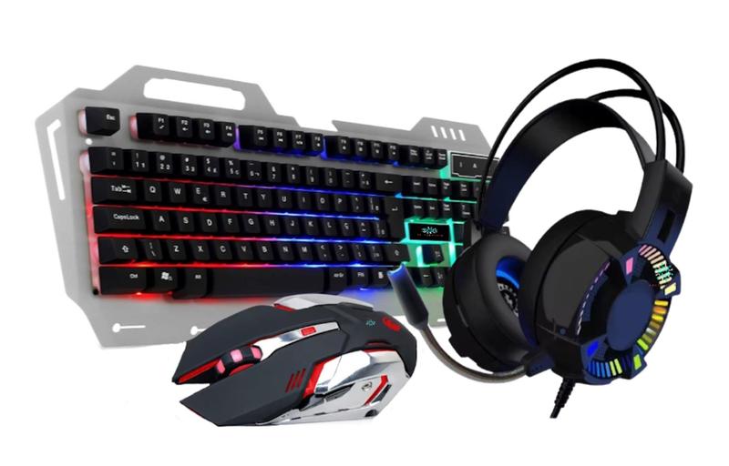 Combo Gamer Teclado Semi Mecânico, Mouse Optico, Headset Fone de Ouvido Led Rainbow - Knup Imagem de Combo Gamer Teclado Semi Mecânico, Mouse Optico, Headset Fone de Ouvido Led Rainbow