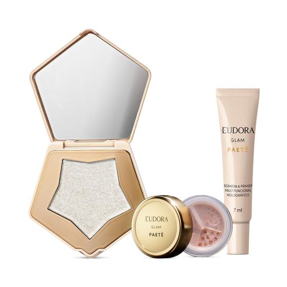 Combo Glam Paetê: Iluminador Multifuncional 5g + Glitter Multifuncional Rosê 1g + Sombra & Primer 7ml Imagem de Combo Glam Paetê: Iluminador Multifuncional 5g + Glitter Multifuncional Rosê 1g + Sombra & Primer 7ml