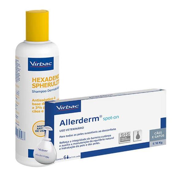 Imagem de Combo Hexadene Shampoo Antisséptico 250 ml e Allerderm Spot On para Dermatites Cães e Gatos 6 Pipetas de 2ml