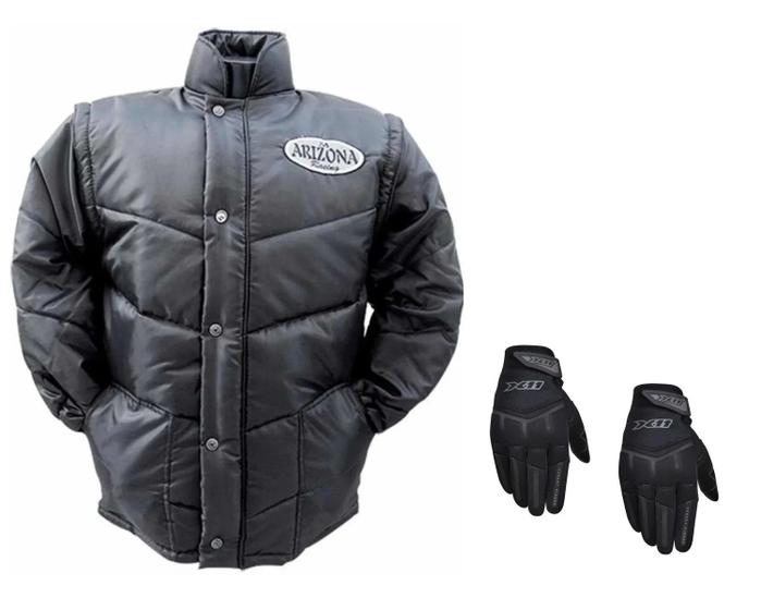 Imagem de Combo Jaqueta Frio Inverno Original Arizona Tradicional Preta Manga Removível Moto Motoboy + Luva X11 Fit Touch Screen