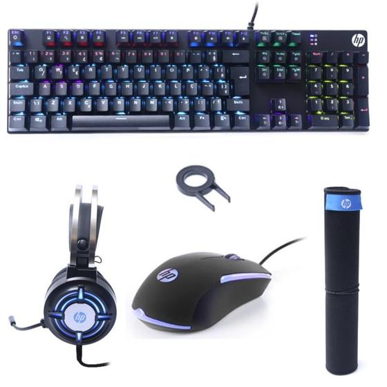 Imagem de Combo Kit Gamer Hp GM3000 4 em 1, Headset, Teclado Mecânico, Mouse e Mousepad, RGB, Preto