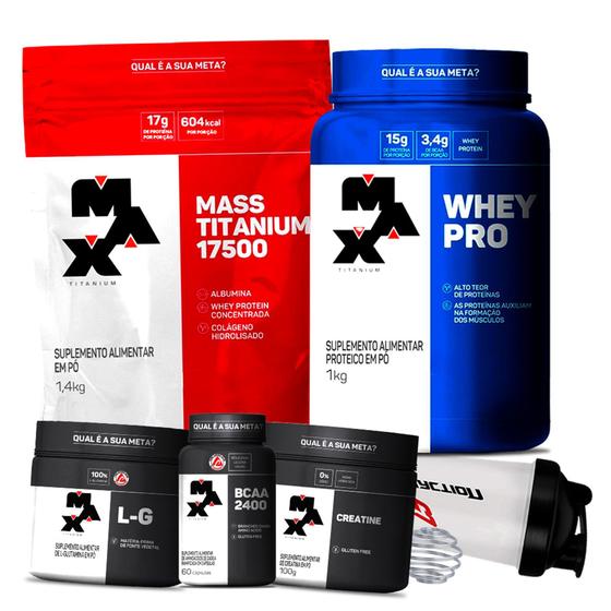 Combo kit Whey Proten Pro 1kg + Hipercalórico Massa 17500 + Bcaa + Creatina + Glutamina Max