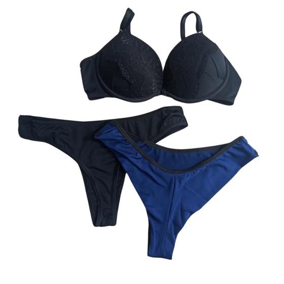 Imagem de Combo Lingerie Feminino Com 2 Calcinhas 1 sutiã com Bojo Rendado