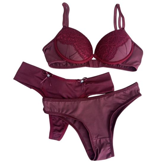 Imagem de Combo Lingerie Feminino Com 2 Calcinhas 1 sutiã com Bojo Rendado