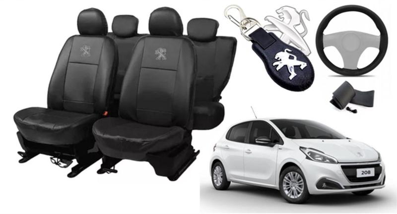 Imagem de Combo Luxo: Capas de Couro para Bancos Peugeot 208 2013-2020 + Capa de Volante + Chaveiro