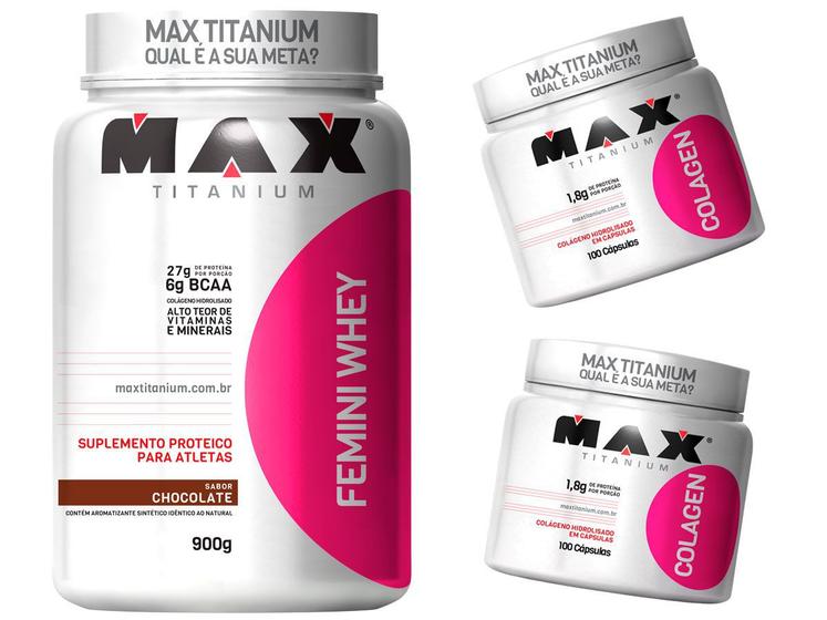 Imagem de Combo Mulher - Femini Whey 900g Chocolate + 2 Colágeno 100c - Max Titanium