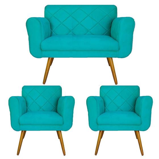 Imagem de Combo Namoradeira e 2 Poltrona Decorativa Para Escritório Isabella Suede Azul Turquesa - DL DECOR