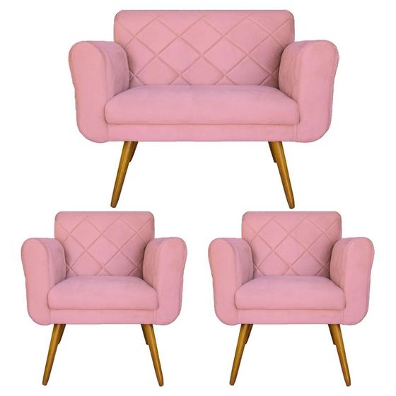 Imagem de Combo Namoradeira e 2 Poltrona Decorativa Para Escritório Isabella Suede Rosa - DL DECOR