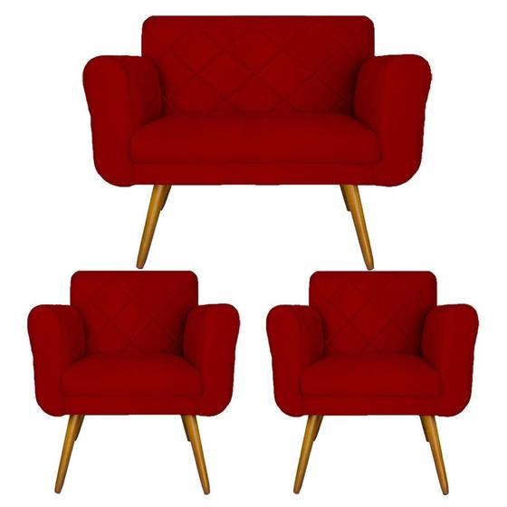 Imagem de Combo Namoradeira e 2 Poltrona Decorativa Para Escritório Isabella Suede Vermelho - DL DECOR