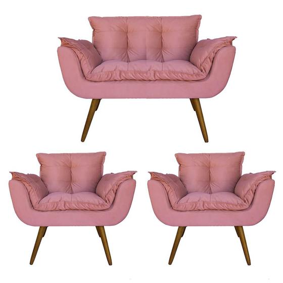 Imagem de Combo Namoradeira e 2 Poltronas Estofadas Salão de Beleza Opala Suede Rosa - DL Decor