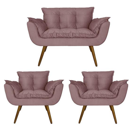 Imagem de Combo Namoradeira e 2 Poltronas Estofadas Salão de Beleza Opala Suede Rosê - DL Decor