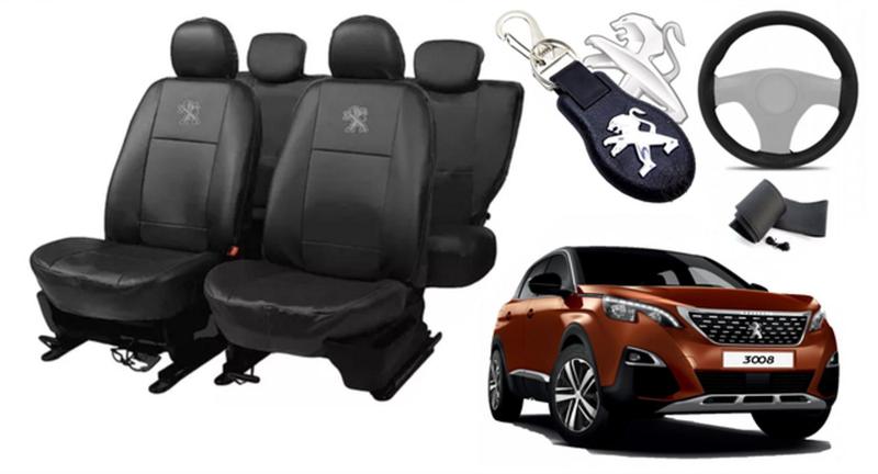 Imagem de Combo Personalizado: Capas de Couro para Bancos Peugeot 3008 2011-2024 + Capa de Volante + Chaveiro