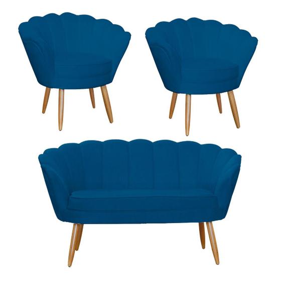 Imagem de Combo Pétala Namoradeira e 2 Poltronas Decorativa Estofada Suede Azul Royal - DL Decor