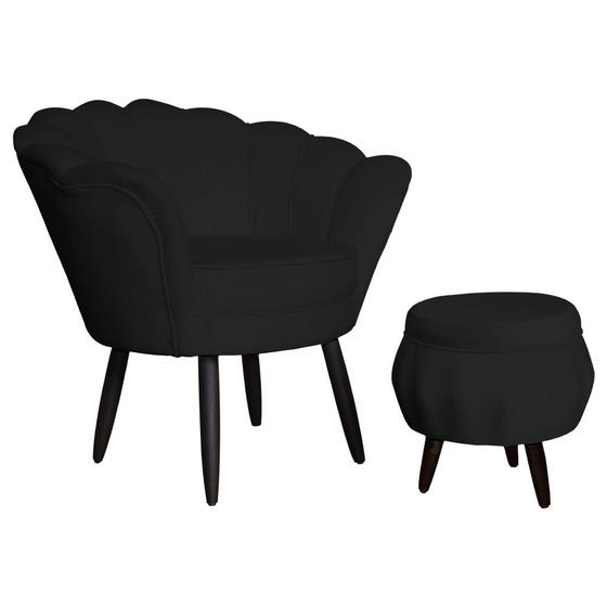 Imagem de Combo Poltrona Decorativa E Puff Para Recepção Pétala Suede Preto - LM DECOR