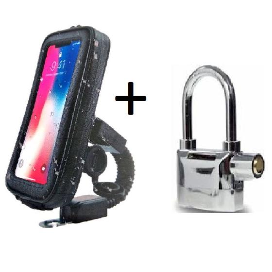 Imagem de Combo Suporte com Case e USB para Motos e Cadeado Cromado com Alarme Antifurto