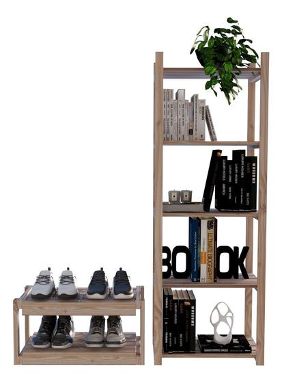 Imagem de Combo Tábuas Estante Armário Madeira Moderno Pronta Entrega e  Sapateira Pinus de Prateleiras Design Escadinha Dupla