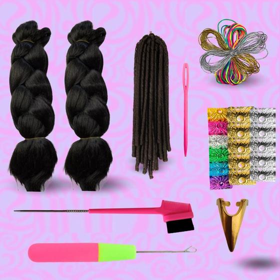 Imagem de Combo Trancista Jumbo Nina Pente Baby Hair 3x1 Anéis Agulhas Fios Box Braid Mega Hair Trança Twist 