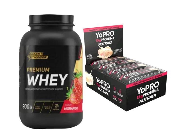 Imagem de Combo whey 900g  + barra yopro caixa com 12 und morango