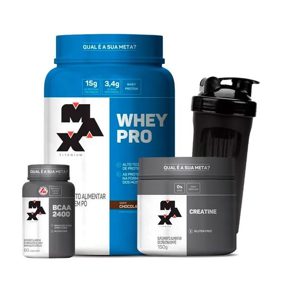 Imagem de Combo Whey Protein 1kg, BCAA 60 Cápsulas, Creatina 150g e Coqueteleira 700mL - Max Titanium