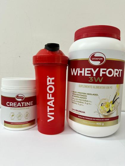 Imagem de Combo Whey Protein 3W Fort Pote de 900g Sabor Baunilha e Creatina (Creatine) de 300g -Vitafor 