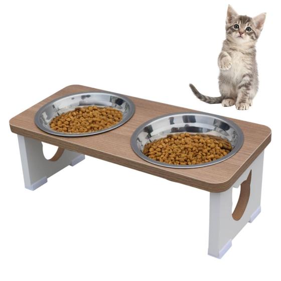 Imagem de Comedouro Bebedouro Gato Duplo Elevado Pet MDF - Inox