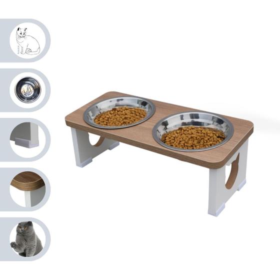 Imagem de Comedouro Bebedouro Gato Elevado Pet Duplo MDF - Inox