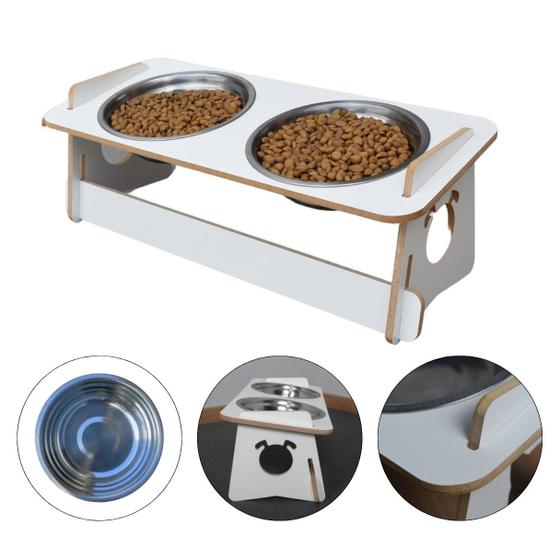 Imagem de Comedouro Cachorro Elevado Duplo Pet Tigela Ração Inox Saudável - Branco