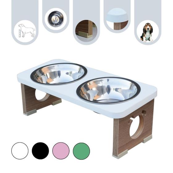 Imagem de Comedouro Cachorro Pet MDF Elevado Duplo Colors Branco - Inox