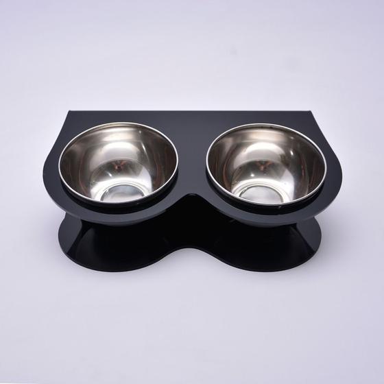Imagem de Comedouro Duplo para Pets em Acrílico Preto Com Tigela em Inox- Ideal para ração e sachê