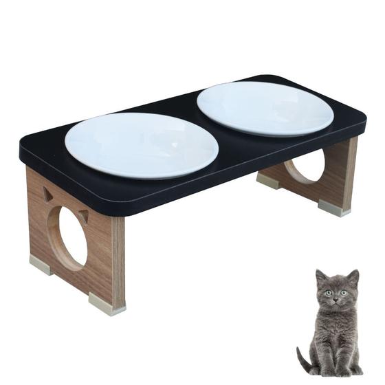 Imagem de Comedouro Elevado Duplo Pet Gato MDF Colors Preto - Porcelana