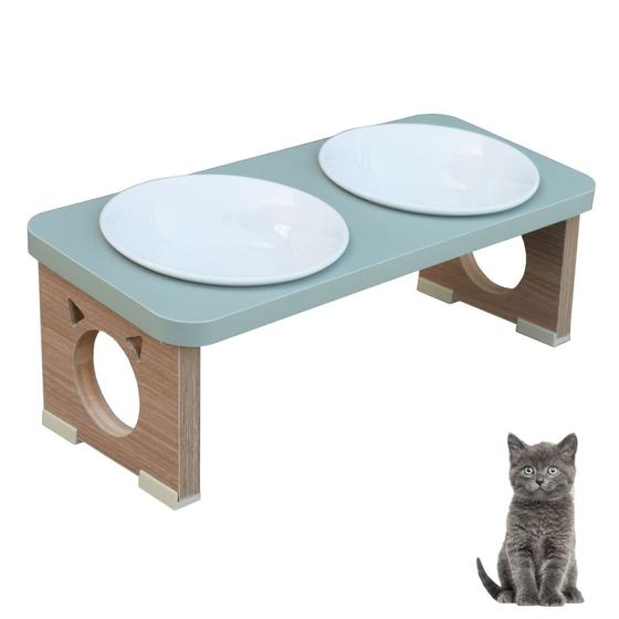 Imagem de Comedouro Elevado Duplo Pet Gato MDF Colors Verde - Porcelana